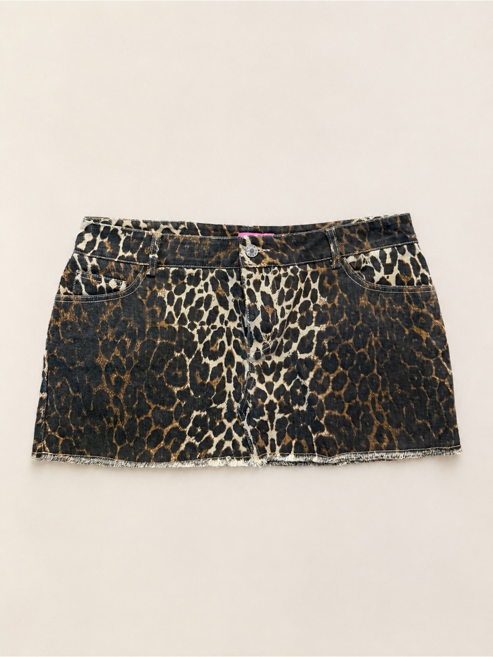 Edikted Leopard Print Denim Mini Skirt Y2K Low Rise Raw Hem Pink Bow Size L